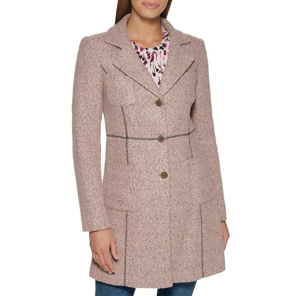 DKNY Dusty Pink Tweed Windowpane Wool-Blend Coat - Picture 2 of 9